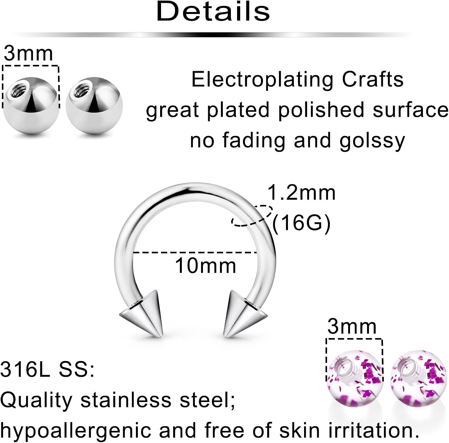 Ftovosyo 10Pcs Horseshoe Rings + 30Pcs Replacement Balls 16G Surgical Steel Nose Septum Horseshoe Hoop Eyebrow Lip Piercing Jewelry Helix Daith Earrings Externally Threaded Barbell Parts - Image 2