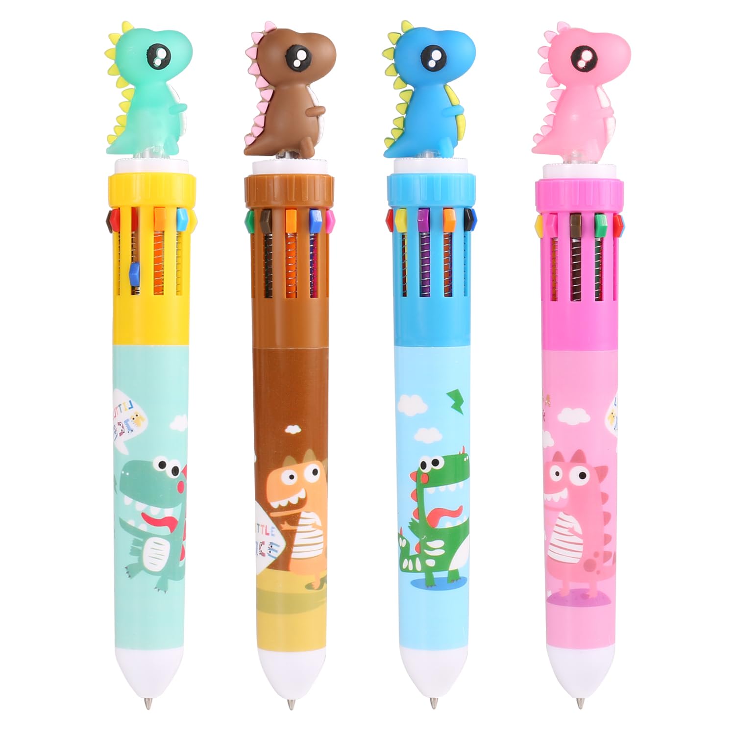 4 Pcs 10-in-1 Multicoloured Ballpoint Pens, Dinosaur 10 Colours Multi Colour Pens, Cute Retractable Ballpoint Pen, Cartoon Decorative Pens for Office School Supplies Students Boys Girls