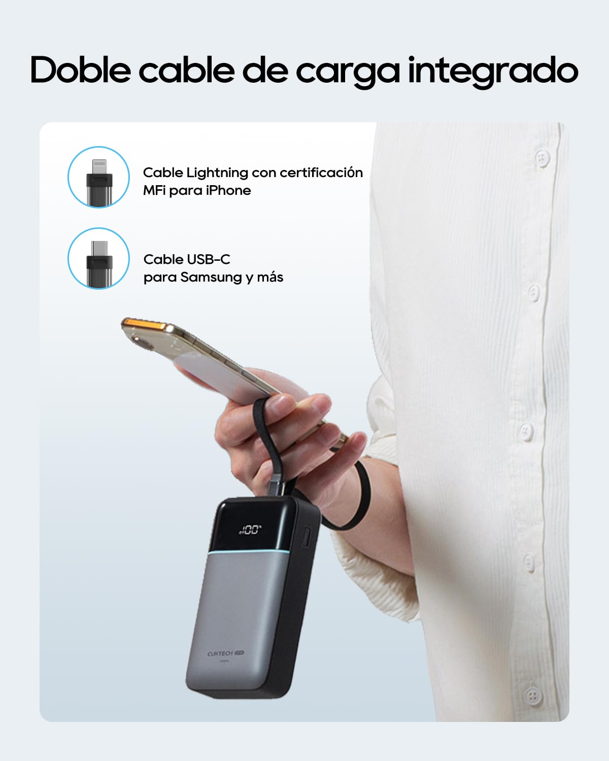 CUKTECH Power Bank 20000mAh Batería Externa con Cables USB-C y Lightning MFi Integrados,Cargador Portátil con Carga Rápida 40W,con 4 Puertos para iPhone 17/16/15/14/13/12 Pro Max，iPad，Samsung Galaxy