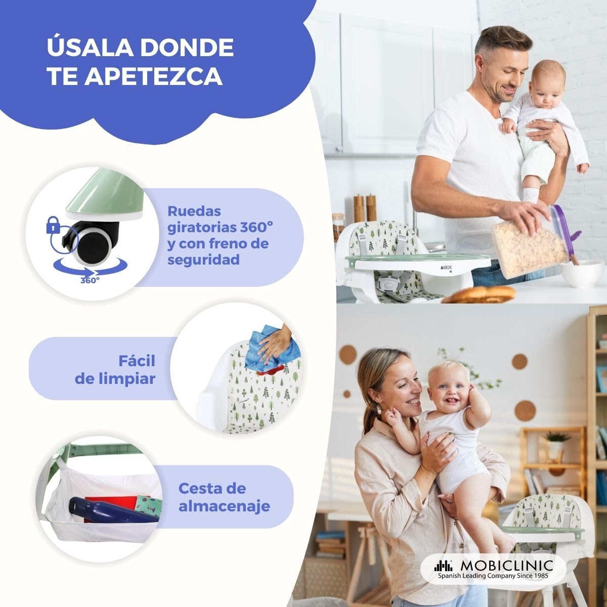 Mobiclinic® kids, Trona evolutiva, 2 en 1, Altura ajustable, Doble bandeja, 6 meses - años, Forest, Arnés de seguridad 5 puntos, Ruedas extraíbles, Hasta 35 kg, Cesta almacenamiento, 360º