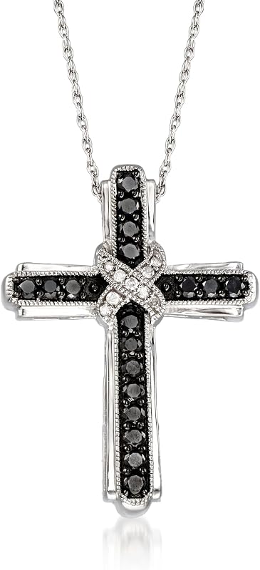 Ross-Simons 1.00 ct. t.w. Black and White Diamond Cross Pendant Necklace in Sterling Silver