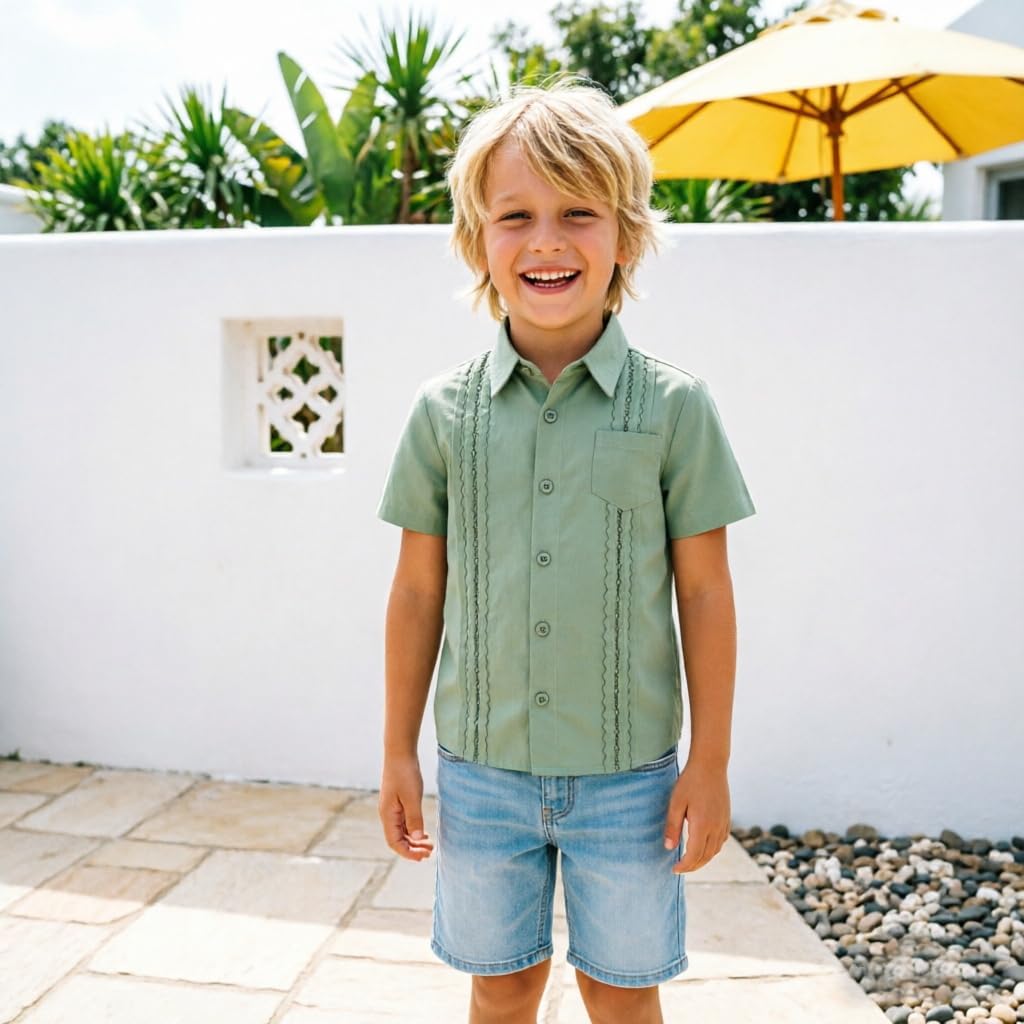 Boys Guayabera Shirt, Summer Beach Short Sleeve Button Down Shirt