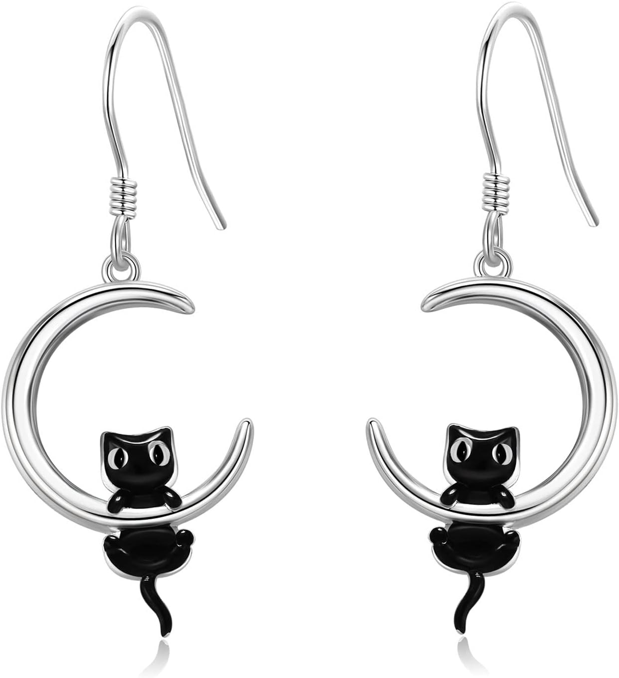 Black Cat Earrings for Women Sterling Silver Moon Dangle Earrings Jewelry Gifts for Women Cat Lovers