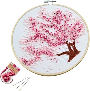 Full Range of Embroidery Starter Kit with Pattern DIY Beginner Starter Stitch Kit Including Stamped Cloth with Pattern, Bamboo Embroidery Hoop, Color Threads, Needles - Pink Blooming Tree