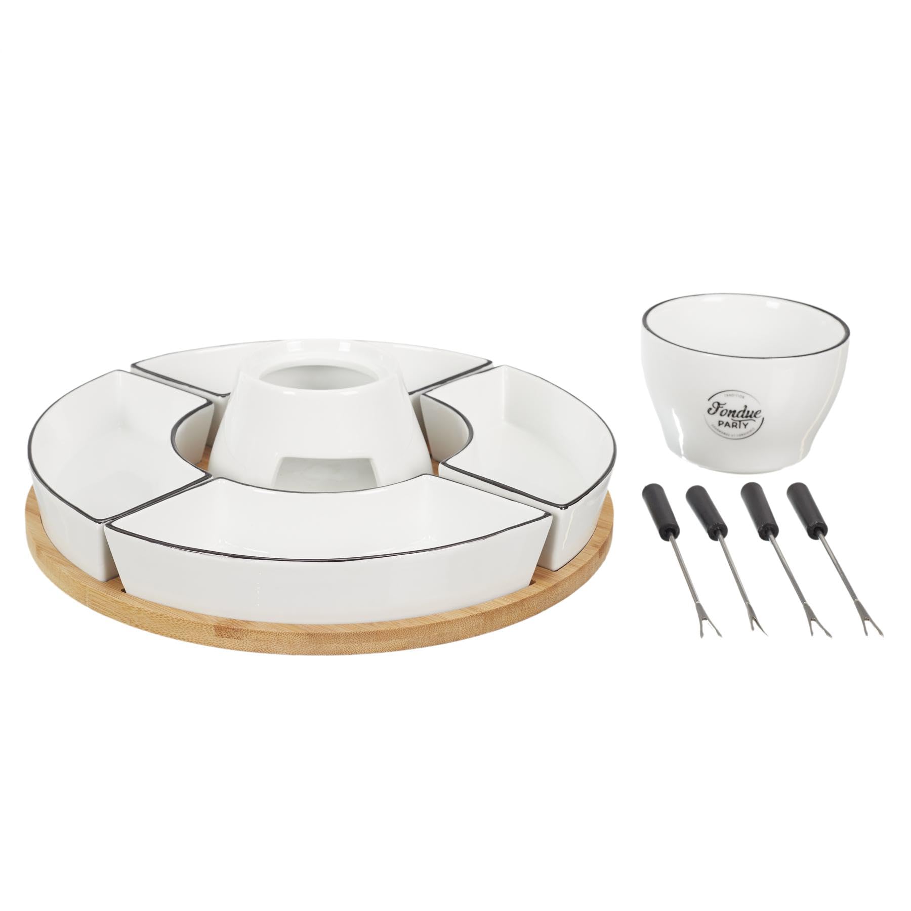 COOK CONCEPT - KA4602 Coffret à Fondue avec Support en Bambou et Coupelles - Conçu pour Repas Conviviaux - Dimensions 19 x 30 x 30 cm - Couleur Blanche