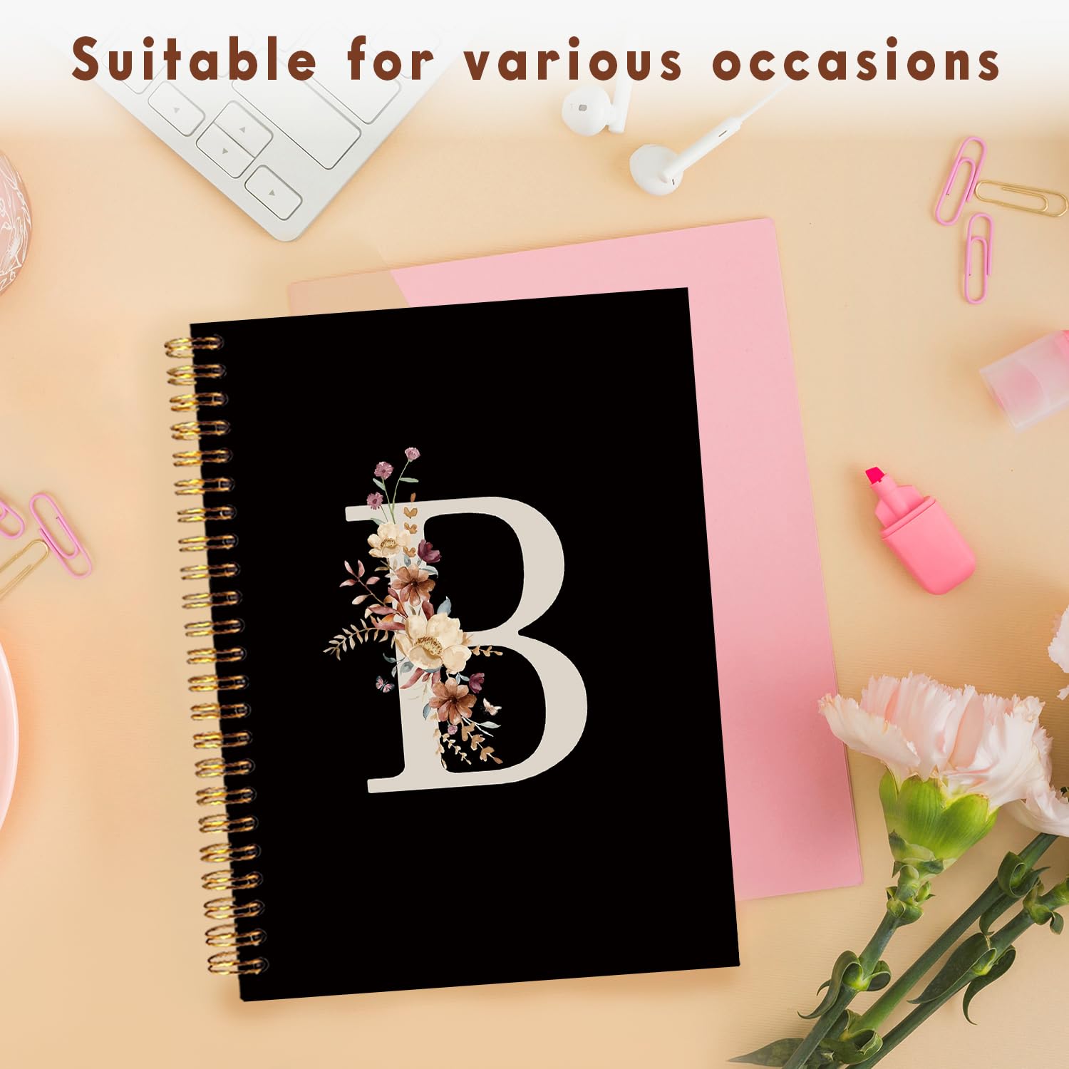 Lacama Simpatico diario scolastico con lettera B con iniziale, quaderno a spirale nero personalizzato con fiori di campo estetico, materiale scolastico, regali con monogramma personalizzato, regali di