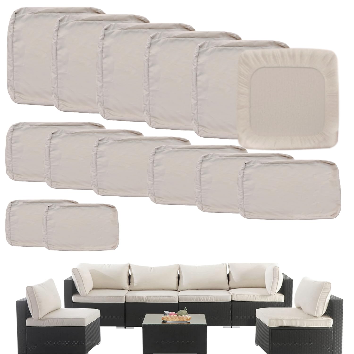 TECOSARA Outdoor Cushion Covers Replacement 14 Pcs Patio Cushion Covers fit for 7Pieces 6-Seater Wicker Rattan Sectional Couch Sofa Outdoor Cushion