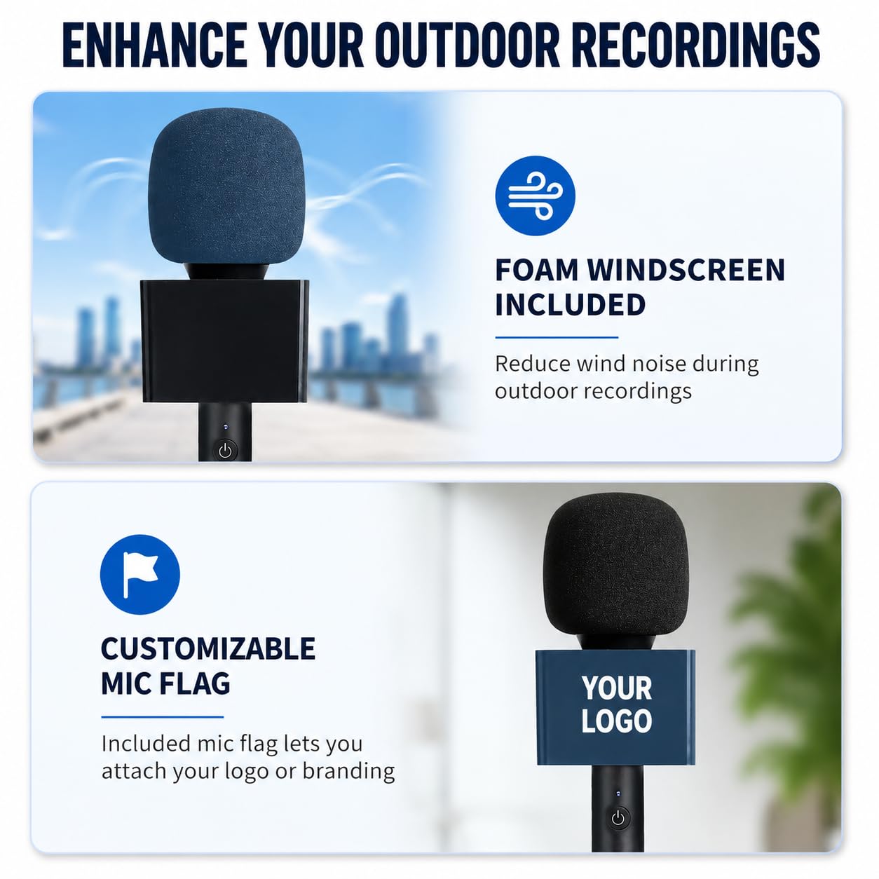 Micrófono de mano inalámbrico con alcance de 200 m, batería de 60 horas, reducción de ruido con un solo clic y compatibilidad universal para smartphones, PC, iOS/Android, incluye parabrisas y