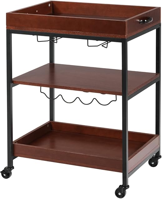 TANGZON 3-Tier Kitchen Serving Trolley, Rolling Bar Cart with Wine Rack, Glass Holders & Wheels, Metal Frame Drinks Trolley for Dining Room Restaurant (1-Tier Wine Rack, 3-Tier Shelf, 60x45x85cm)