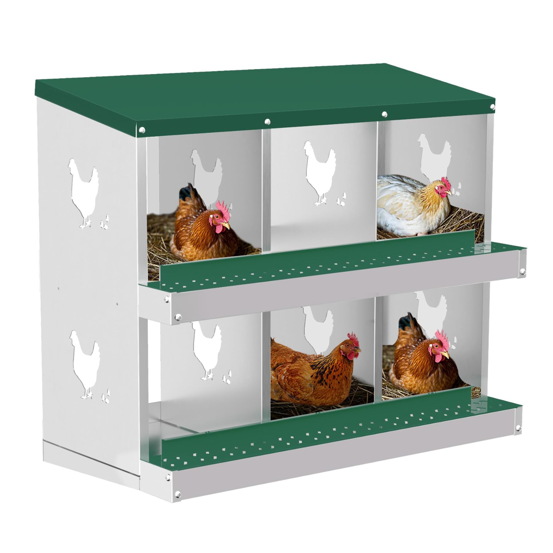 Chicken Nesting Boxes, 6-Compartment Metal Egg Laying Box with Swing Perch and Secure Lid – Versatile Wall Mount or Free Standing Suitable for Various