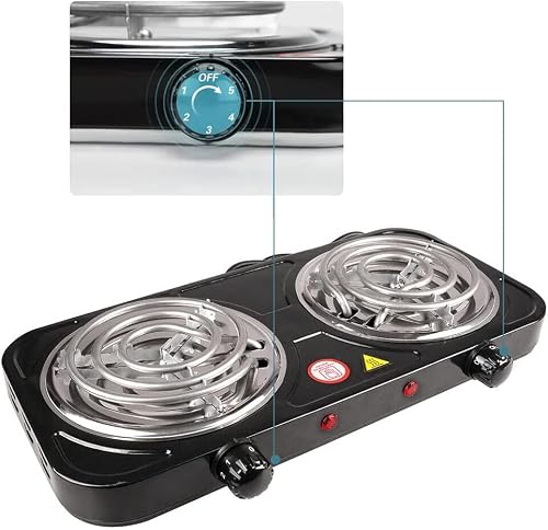 Timoau Double Countertop Portable Small Buffet Coiled, 2000W Electric Hot Burner Stainless Steel Electric Stove with 5 Level Temperature Control, Camping&Cooking (Double Coil Burner)