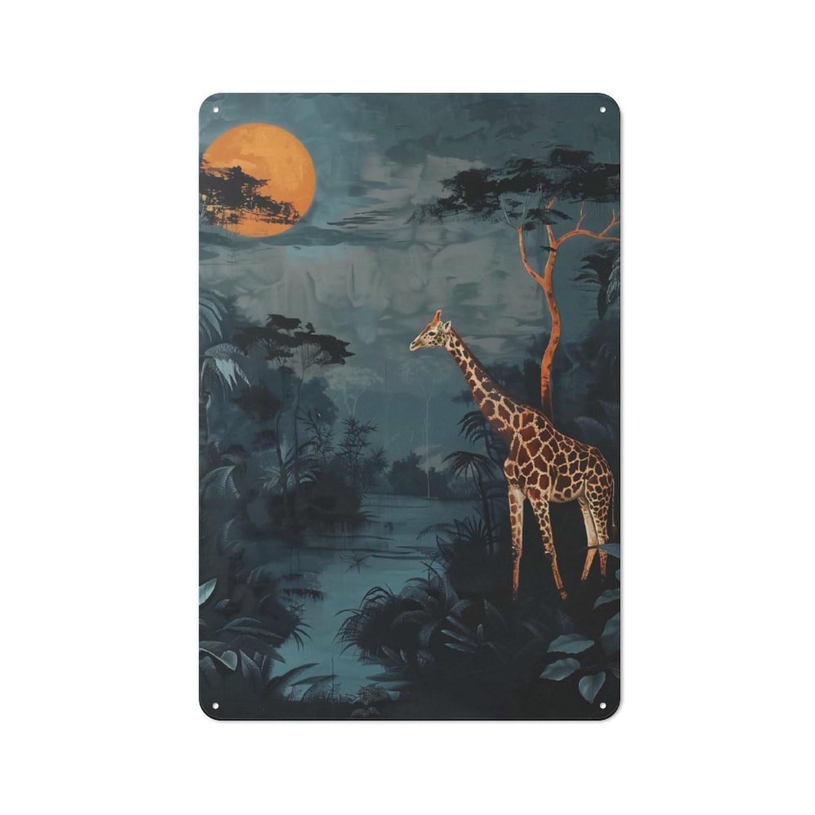 Junmoney Giraffe Under A Full Moon Retro Tin Wall Plaque 30X20cm For Dining Room Or Kitchen, For Home Decor Collectors