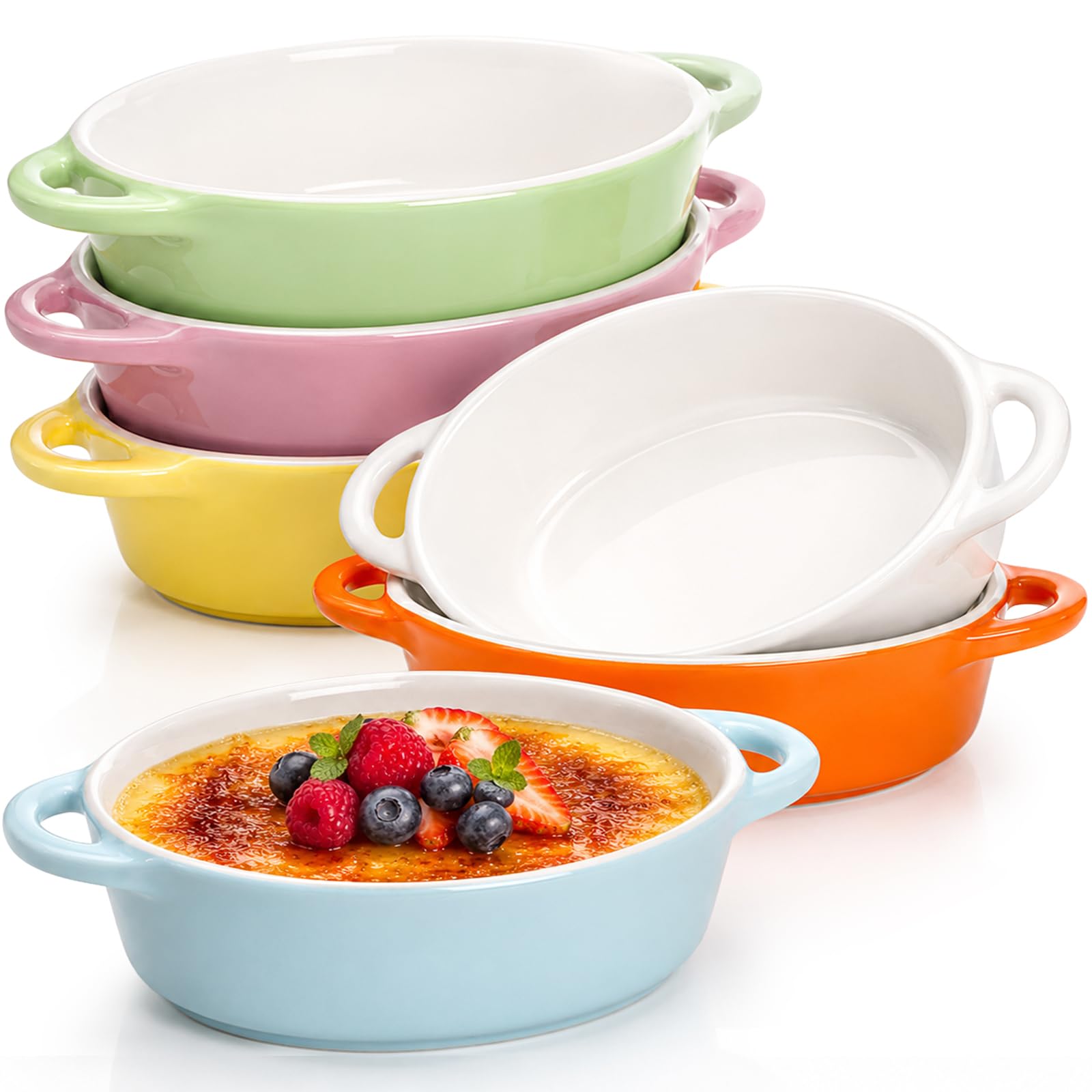 Foraineam 6 colores ovalados de porcelana Ramekins 10 oz horno seguro Creme Brulee Souffle hornear Ramekin platos tazón con asas dobles