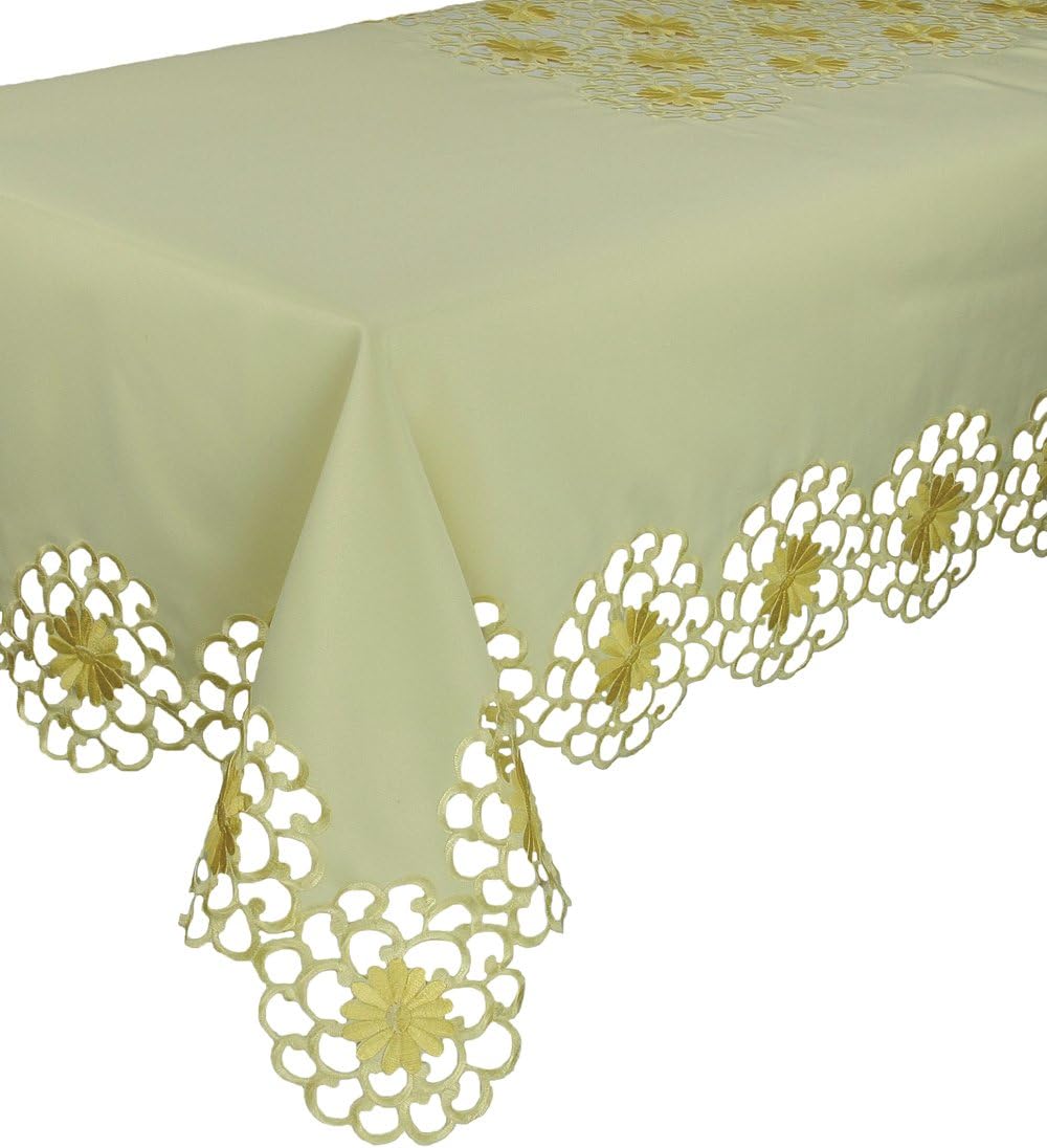 Xia Home Fashions Daisy Splendor Embroidered Cutwork Spring Tablecloth, 70 by 90-Inch, Yellow