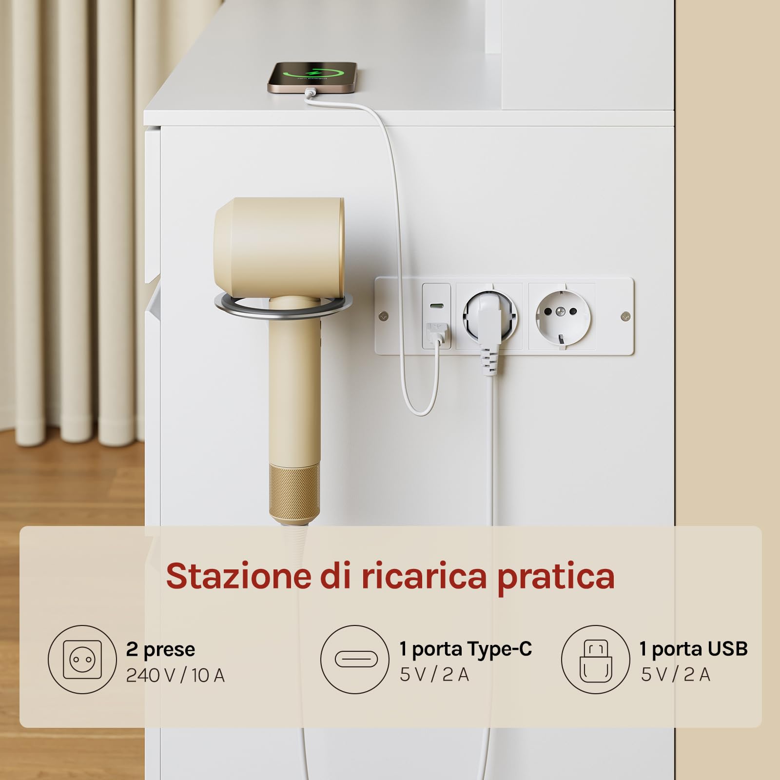WOLTU Toeletta con Specchio Scorrevole, Luci LED Regolabili e Multipresa, Postazione Trucco con 9 Cassetti e Ripiani Portaoggetti, Grande Specchio, per Camera da Letto, Bianco