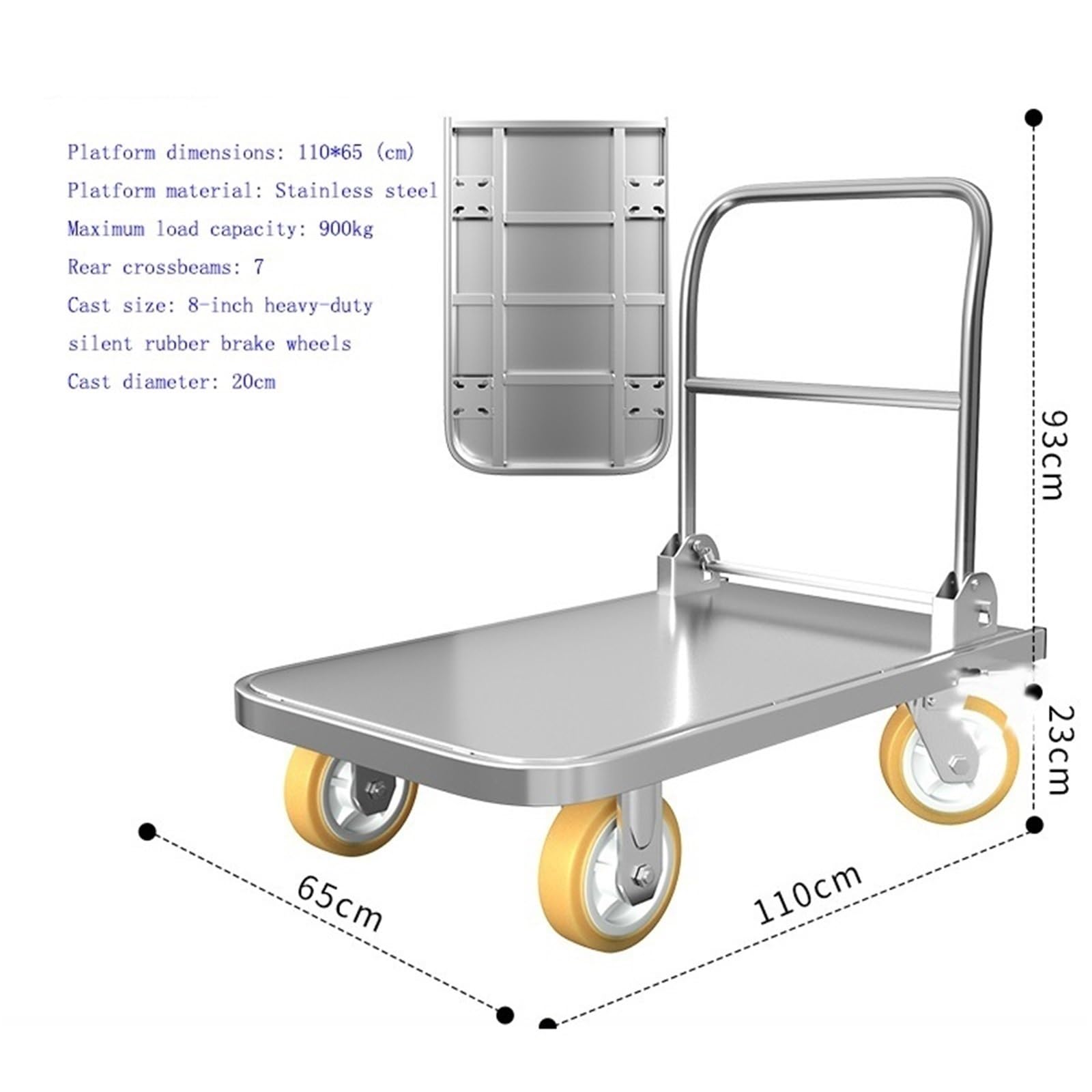 Carrello a mano con piattaforma in acciaio inossidabile, carrello pieghevole multifunzionale ruota frenante da 8 pollici Carrello pesante