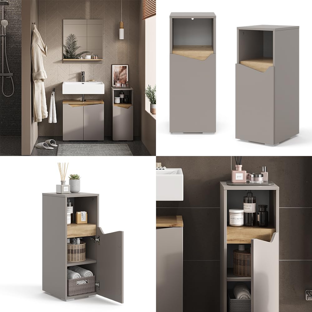 Vicco Midischrank Marelle, Greige, 30 x 74.5 cm mit Tür und offenem Fach, zur Aufbewahrung von Badutensilien und Handtüchern