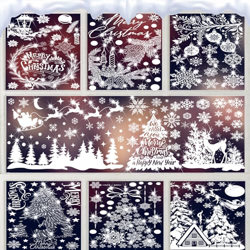 150+Pcs Glitter Christmas Window Clings, White Snowflakes Reindeer Christmas Tree Static Stickers for Xmas Decoration Winter Wonderland Party Supplies