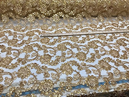 Gold Flowers Embroider With Sequins And Corded On A Mesh Lace-Sold By The Yard. #TOP6