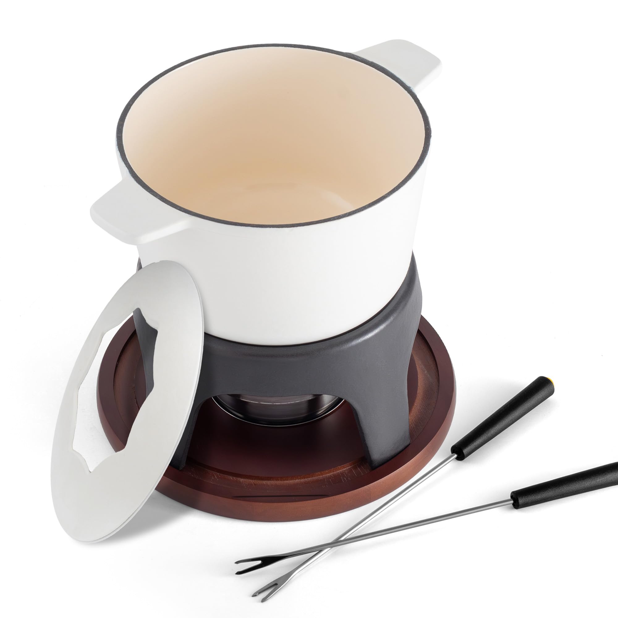Swissmar Sierra Cast Iron Fondue Set, 1.6 Quart / 1.6 Liter – Perfect for Meat, Cheese, & Chocolate Fondues – Ideal for Family Bonding & Hosting Gifts - 12-Pieces, Matte White