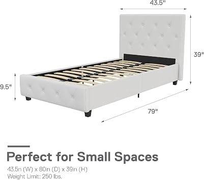 DHP Furniture Dakota Upholstered Bed White Single 80 x 44 x 39 cm (L x W x H)