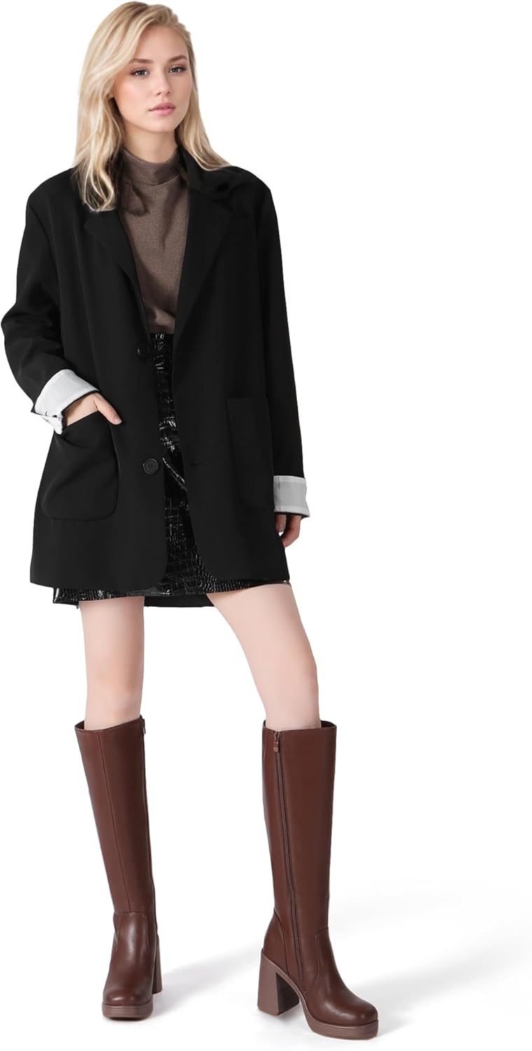Women's Knee High Boots High Heel Platform Tall Boots Fall Square Toe Chunky Heeled Gogo Boots Brown Boot 8.5