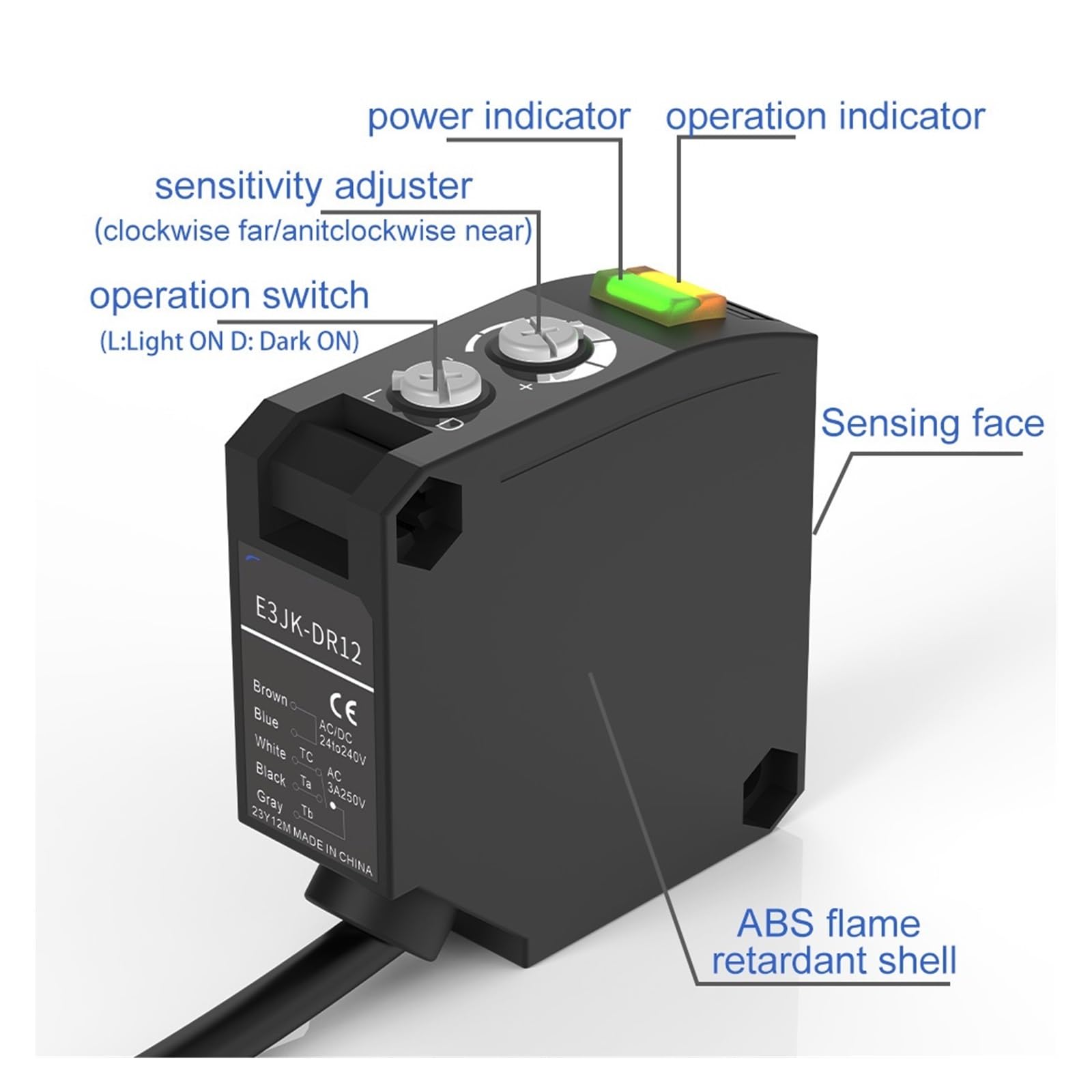 Czujnik fotoelektryczny E3JK-RR12 odblaskowy 24-240 V DC/CA, wyjście przekaźnikowe, przełącznik kwadratowy (E3jk-rr11)