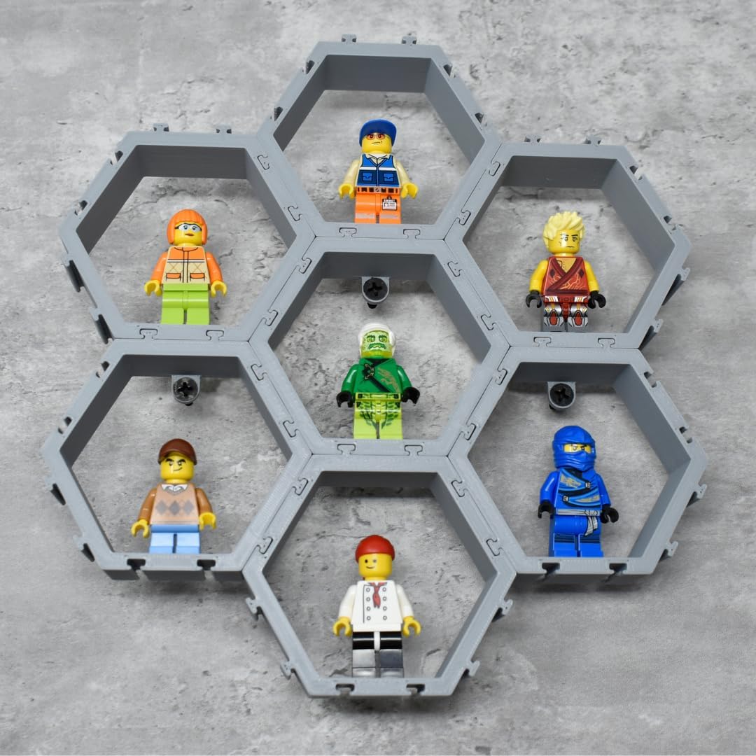 Hexagon Wall Display Compatible with Lego Figures | Customize & Display Figures on Wall | Interlocking Hex Blocks | Made in USA (14-Pack Grey)