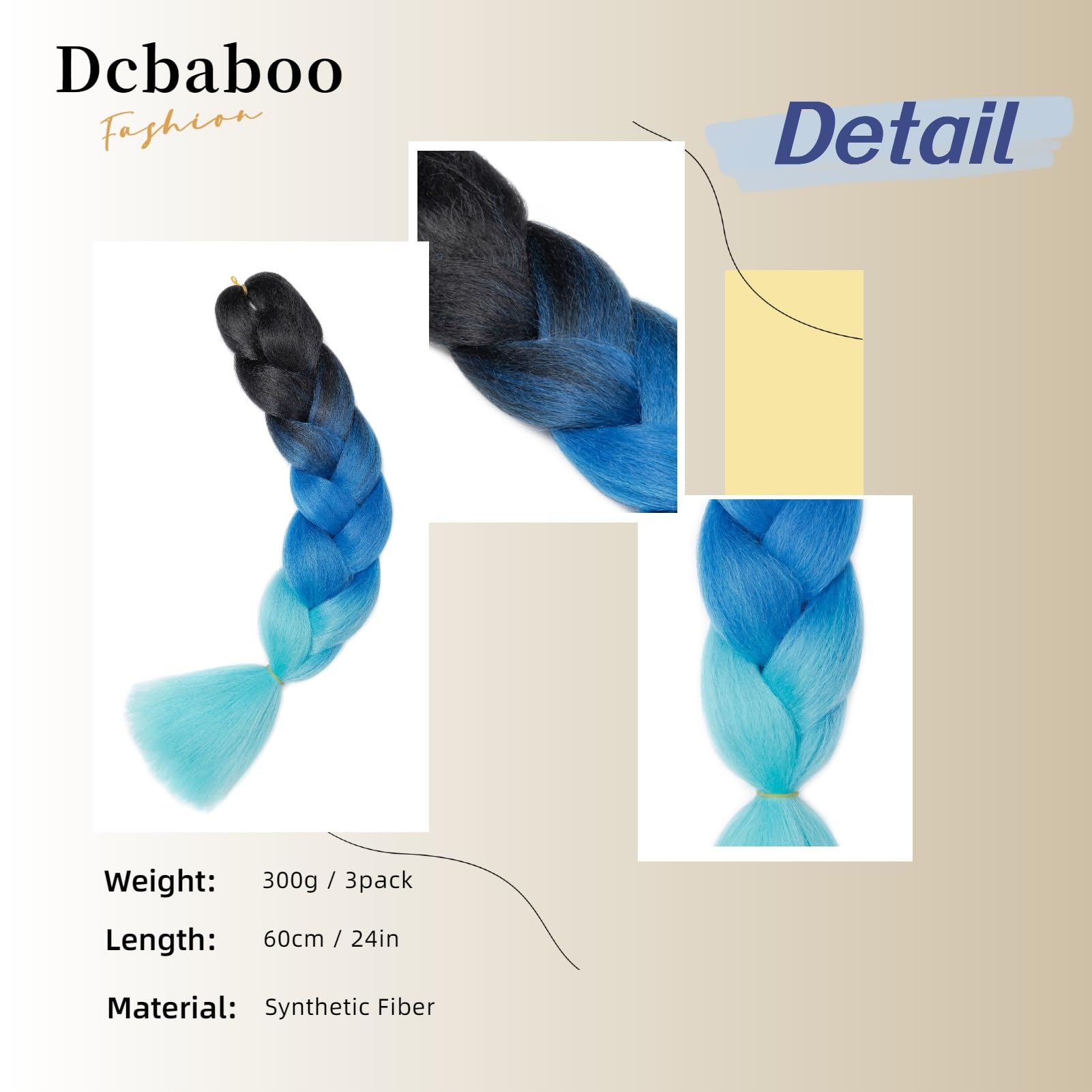 Dcbaboo Jumbo Braiding Hair Extensions 3packs 24inch Hair Extensions for Braiding Synthetic Hair Kanekalon Ombre Braids Hair Extensions Afro Crochet Braids Twist Hair 300g, Black-Royal Blue-Sky blue - Image 2