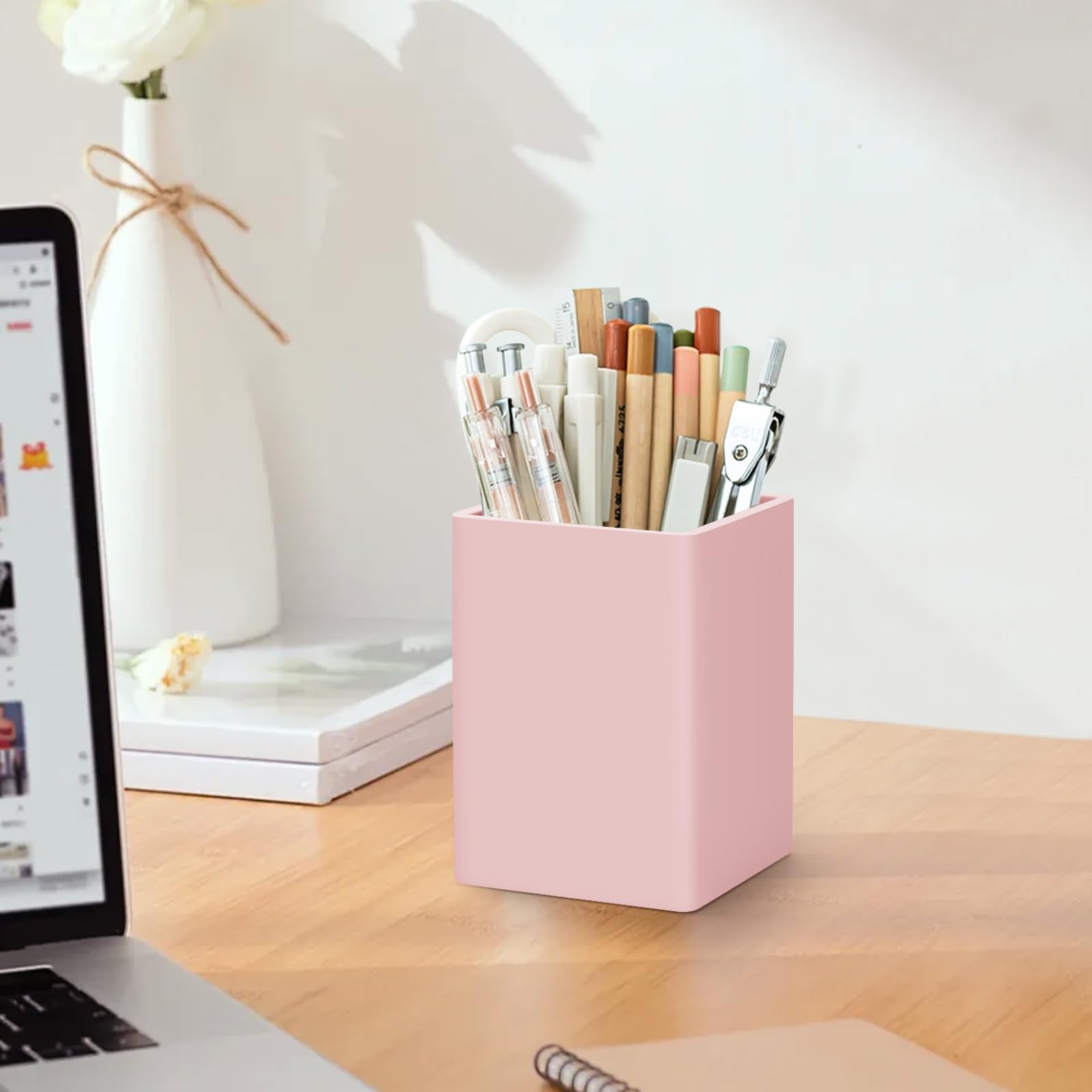 Pen Holder for Desk,Nordic Elegance Square Silicone Pencil Holder Soft Minimalist Desk Pen Cup Stand Waterproof Multifunctional Office Supplies for Home,Kids and School(Pink) - Image 4