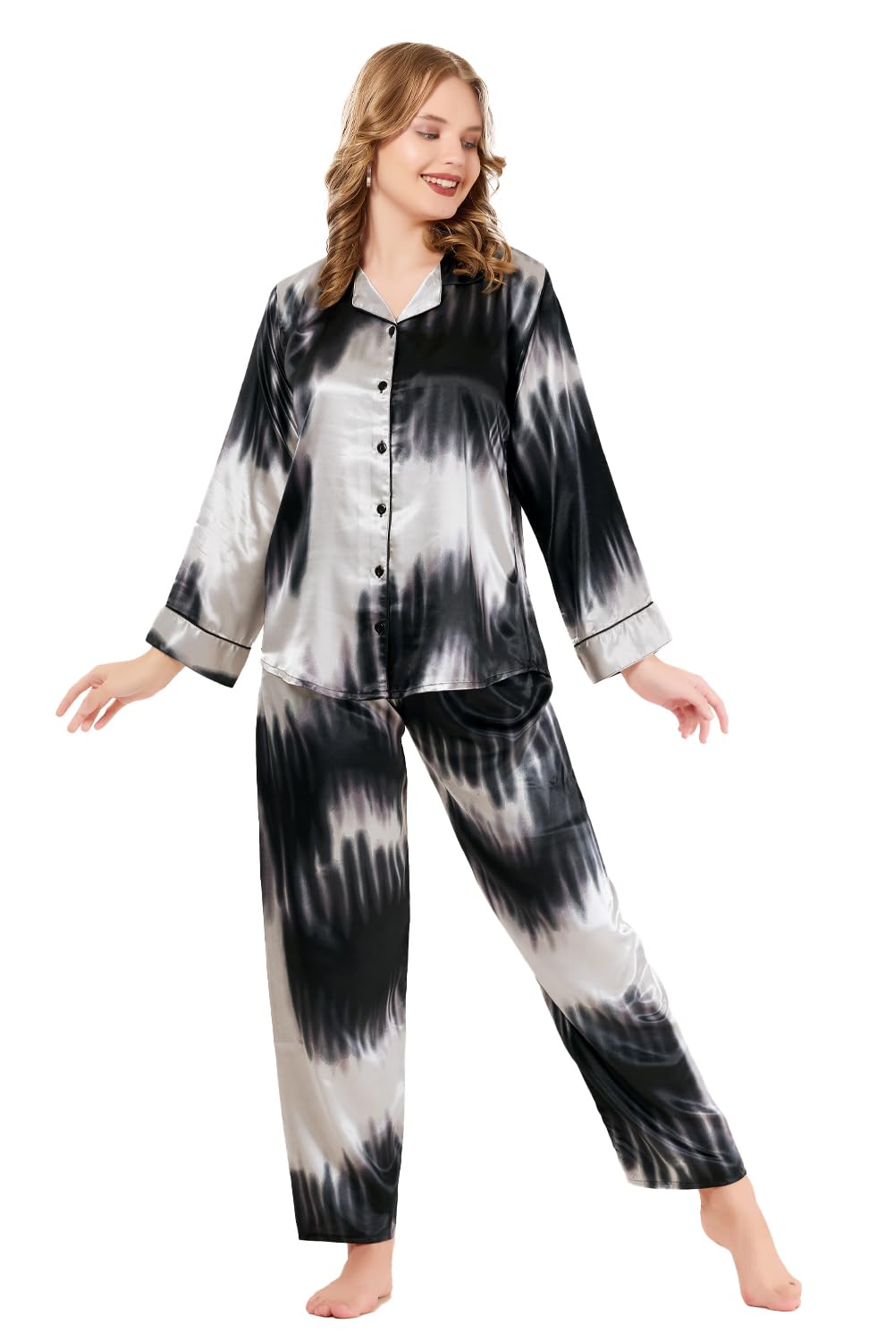 Women's Satin Printed Oversized Pyjama Night Suit Set | Silky Satin Sleepwear | Full Sleeves Comfortable Shirt and Pajama Sleep Lounge Wear-image-23