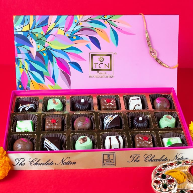 The Chocolate Nation Rakhi Gift Hamper with Premium Chocolates for Brother & Sister with 1 Rakhi & 18 Premium Chocolates