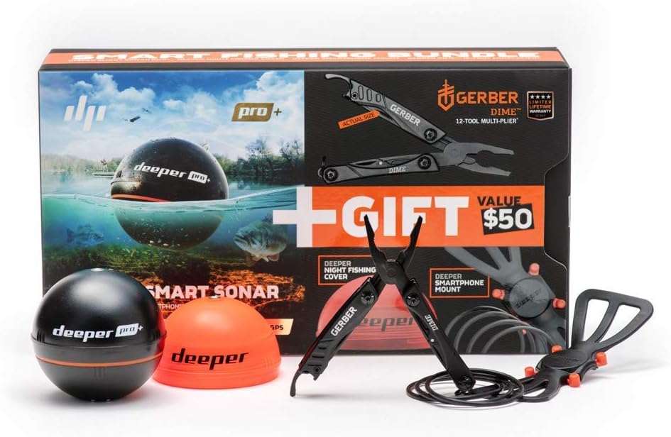 Deeper PRO Plus Feature Finder – Smart Sonar Bundled with Gerber DIME Multi-Plier, Night Fishing Cover and Smartphone Mount