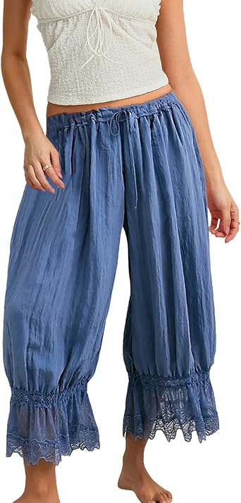 Bloomers Pants for Women Y2K Lace Trim Pants Vintage Pantaloons Cute Ruffled Pumpkin Long Pants Capri Pajama Bottoms