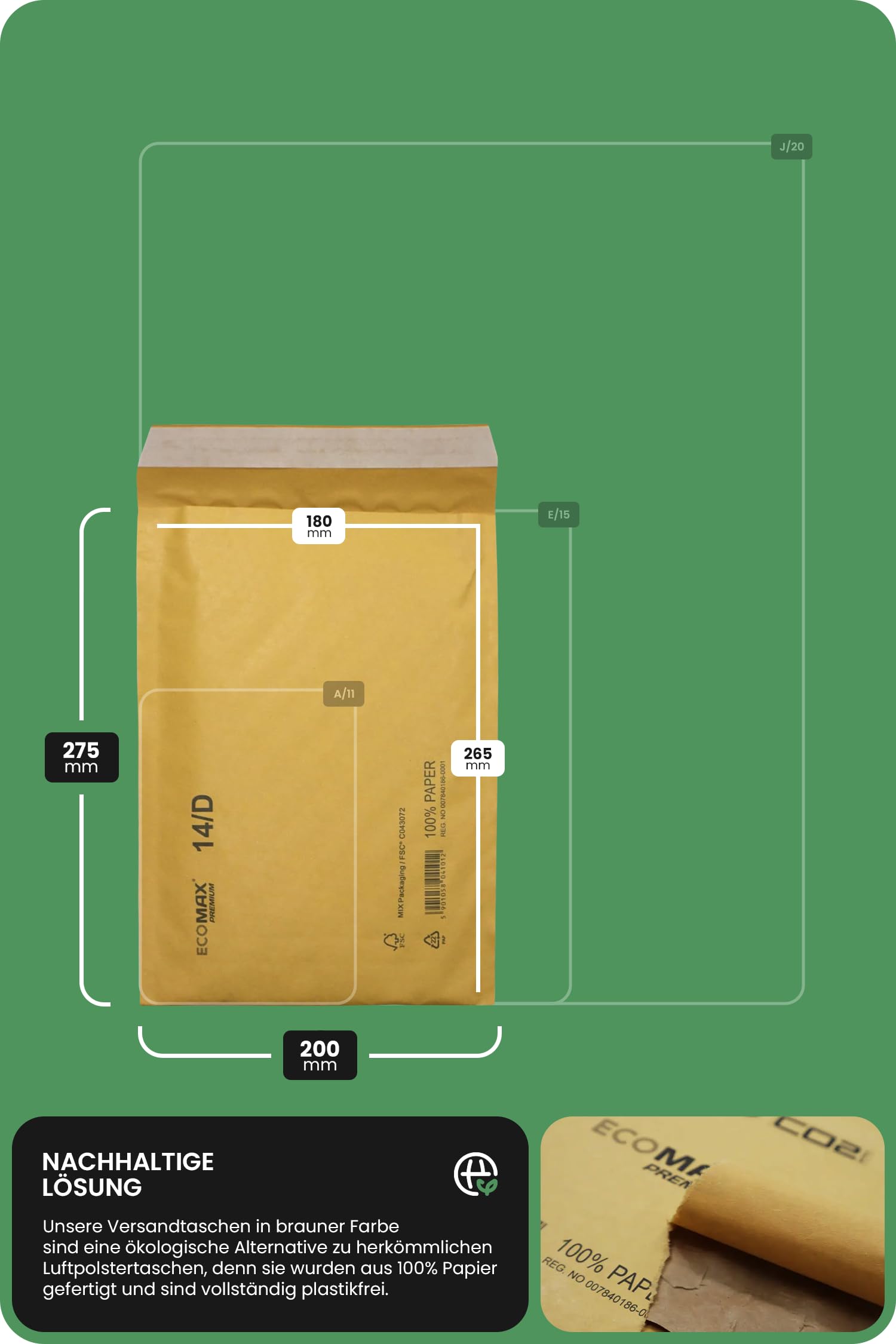 Netuno 100 sztuk poduszek powietrznych koperty wysyłkowe brązowe D/14 200 x 275 mm pełny papier koperty bąbelkowe bez plastiku, koperty papierowe, wyściełane, ekologiczna, ochronna, nadaje się do recyklingu