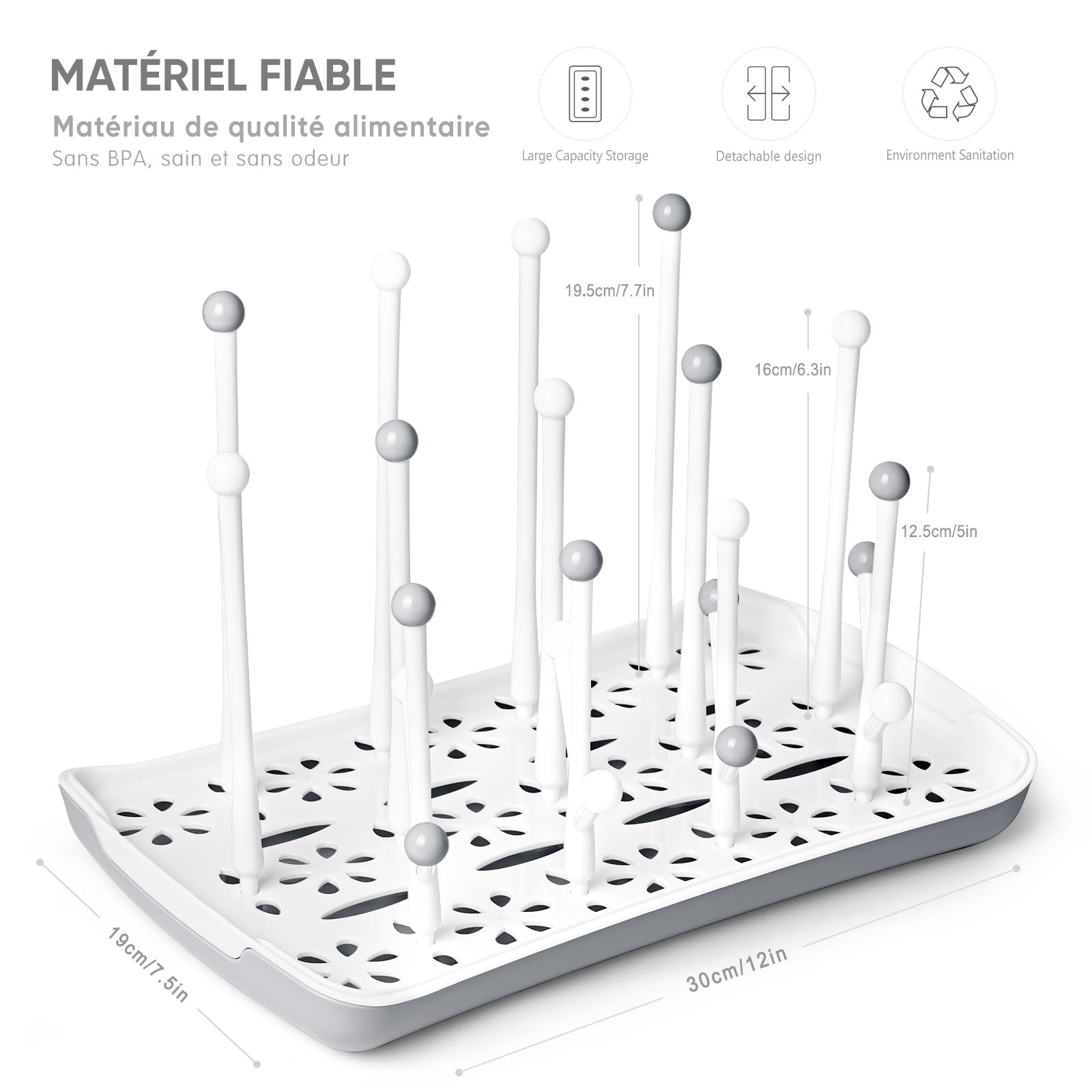 Termichy Plastique Séchoir pour biberons, égouttoir pour biberons, biberons, tétines grises, tasses et accessoires pour biberons et serviette, sans BPA (Gris)