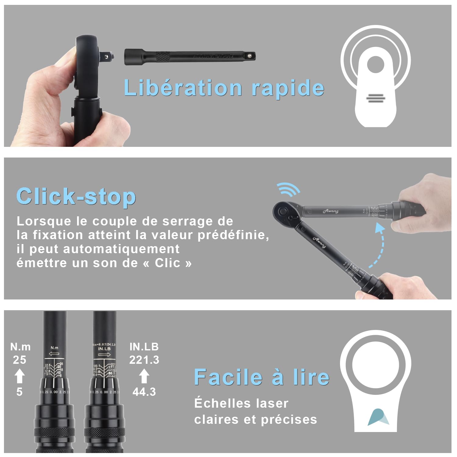 Awang 1/4" Clé Dynamométrique,5-25 Nm Cle Dynamometrique velo avec 72 Dents, Précision ±3%, pour Vélos Route Montagne Moto