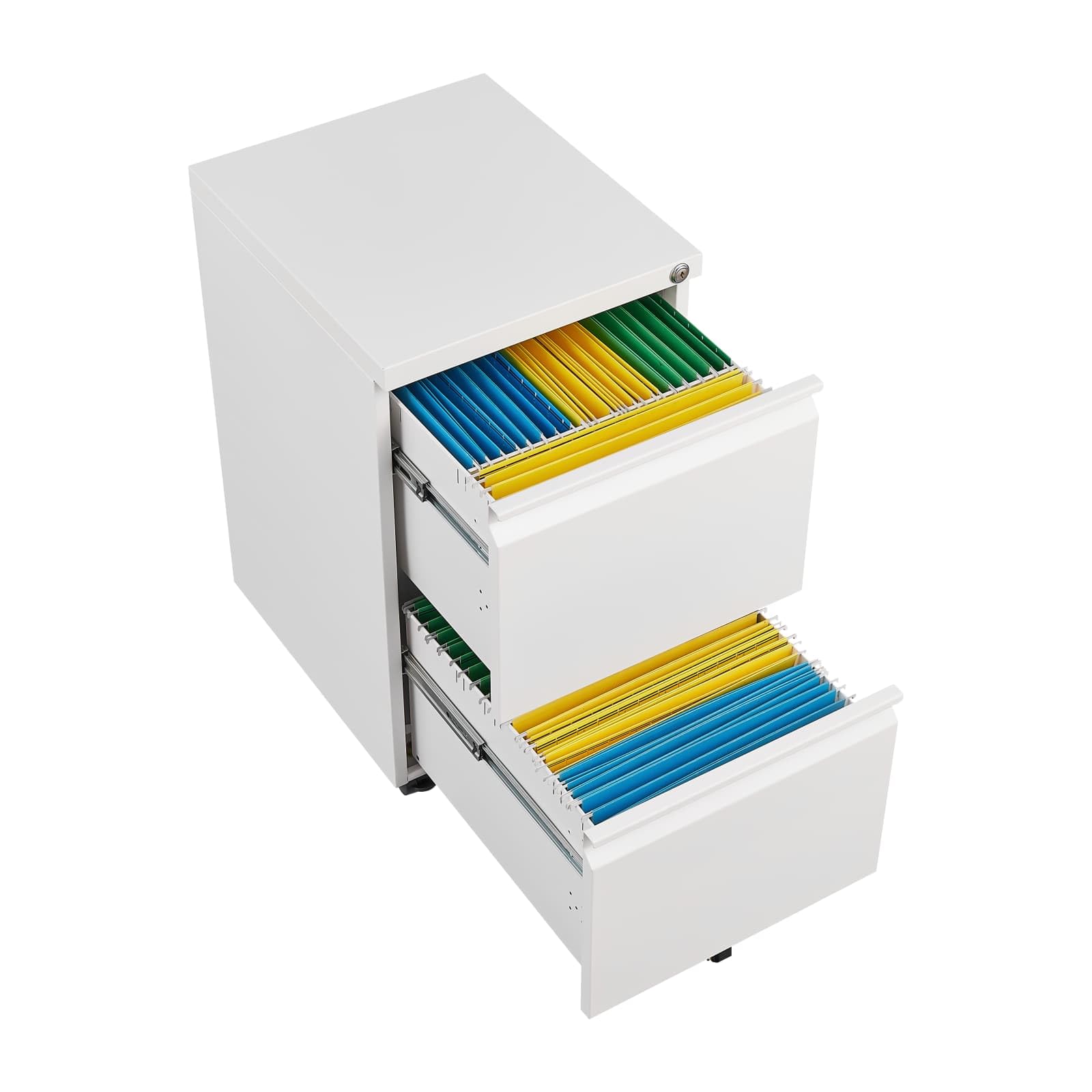 PUGSDRLY Armoire Bureau avec 2 Tiroirs pour Dossiers légaux/Lettres/A4,Caisson Bureau Mobiles avec Rangement,Armoire Metallique,Classeur Polyvalent,Design 5 Roues Anti-basculement (Blanc-C)