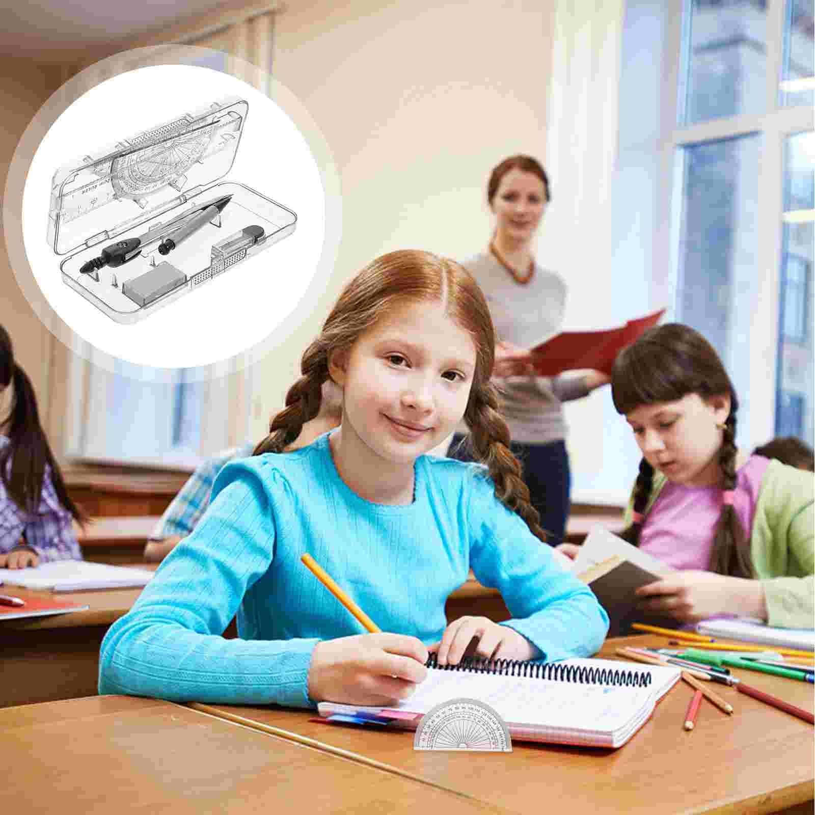 Mathe-Set, Winkelmesser-Set mit Radiergummi, Lineal-Set, transparentem Winkelmesser-Set und Mathe-Zirkel, mit Minennachfüllungen, Zeichenkompass for Geometrie-Set, Zeichenwerkzeug-Set for Schüler, Kom