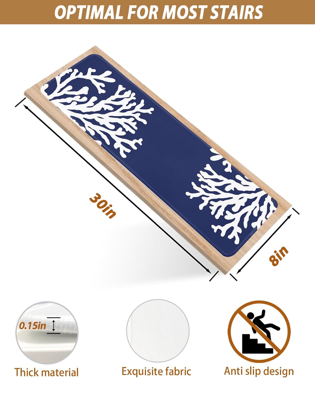 Stair Treads Non Slip Indoor for Wooden Steps, Navy Blue Coral 15 Pcs Stair Mats for Kids Elders Dogs, 8 x 30 Inch Coastal Summer Beach Nautical Seaside Carpet Treads Runner Rugs for Staircase