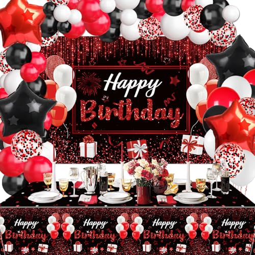 Décorations de fête d'anniversaire Noir et Rouge, Comprend un Fond Joyeux Anniversaire, Nappe, 64...