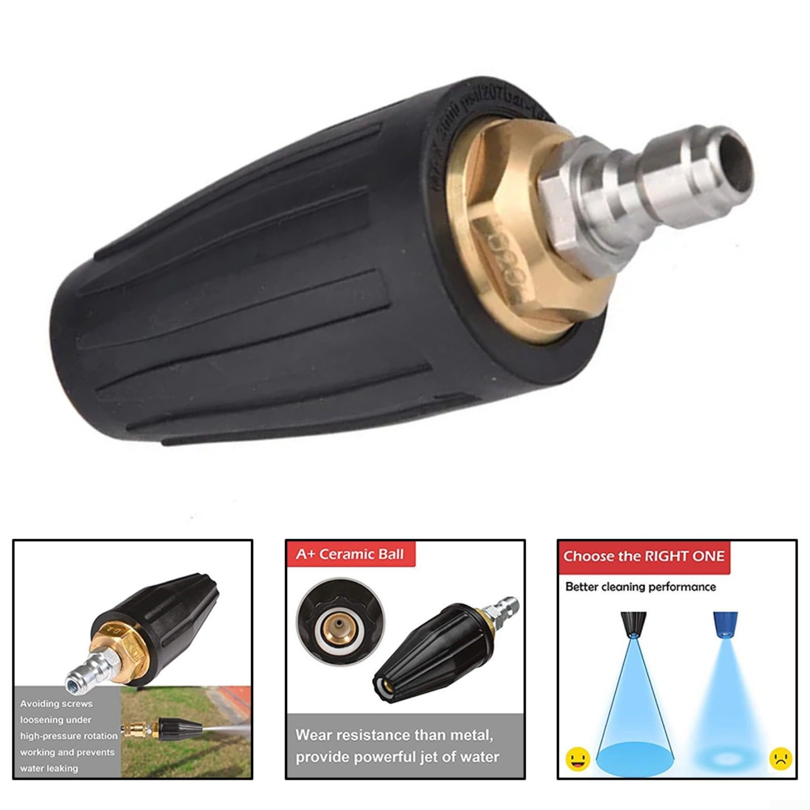 Boquilla turbo giratoria de 4000 PSI, conexión rápida, punta de acero de alta presión para limpieza resistente de entradas y patios (40 mm)