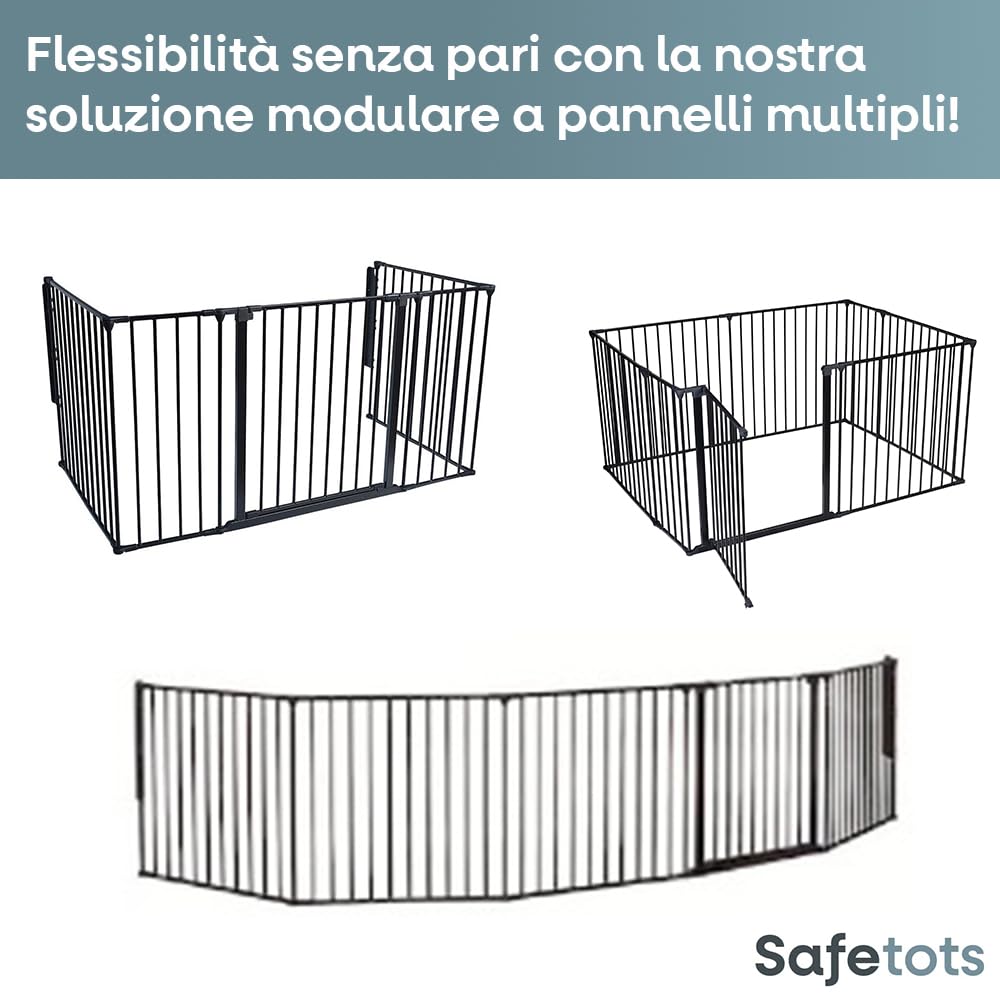 Safetots Divisorio Premium Multipannello, Fino a 148cm di Larghezza, Nero, 70cm di Altezza, Barriera Divisoria Multipannello Versatile, Divisorio per Stanze per Bambini e Neonati con Cancelletto