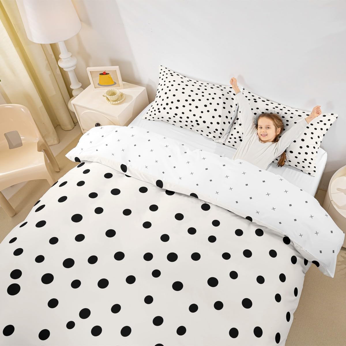 Erosebridal Cream Polka Dots Bedding Set Cute Beige Dot Comforter Cover Queen Size,Farmhouse Geometric Duvet Cover for Kids Boys Girls Adultscute Modern Geometric Bed Set,Cream Black