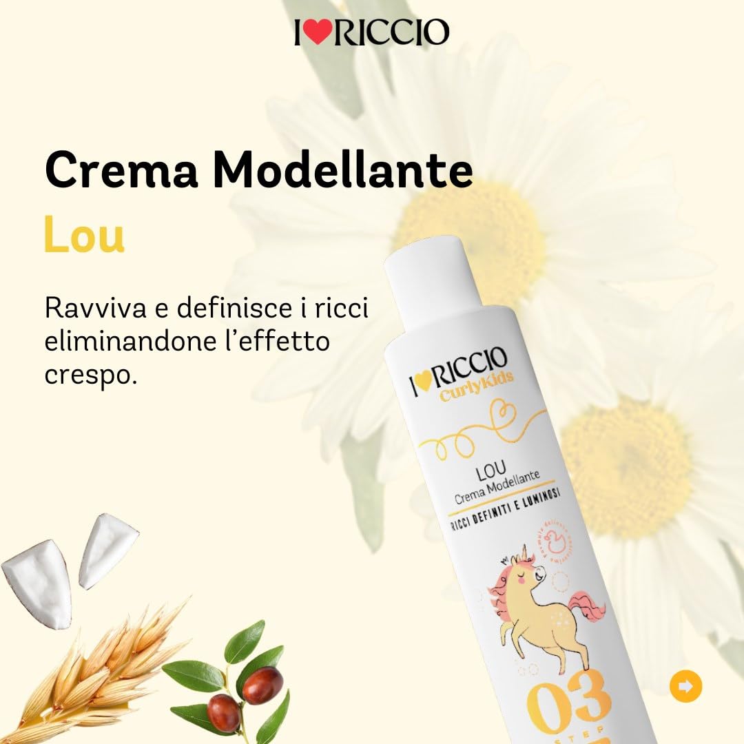 I Love Riccio Kit Curly Kids Per Capelli Ricci Bambini con Shampoo Idratante 250 ml, Maschera Nutriente 250 ml e Crema Modellante 250 ml, Formula Delicata Antilacrime, con Matite Colorate e Cartoncino