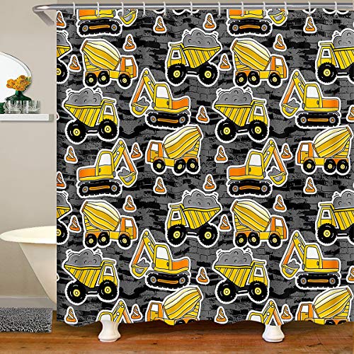 Erosebridal Excavator Bath Curtain, Concrete Truck Shower Curtain, Child Teens Construction Bathroom Shower Curtain for Kids Boys, Cartoon Toy Cars Bathroom Set, Grey,Machine Washable 72" W x 84" L