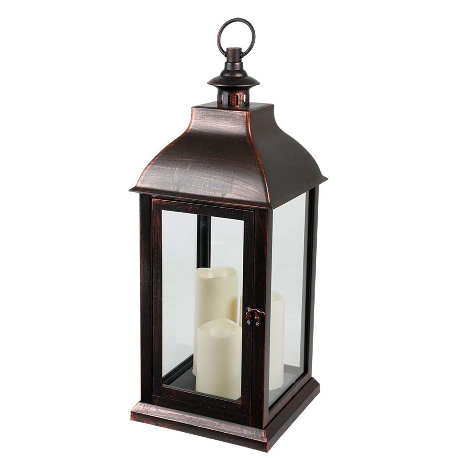 XXL Laterne Vintage 60 cm Windlicht Schwarz mit 3 LED Kerzen Timer Deko | BURI Dekolaterne mit Flackereffekt, Glasscheiben und Kerzenhalter für Innenbereich, Batteriebetrieb und Wohnambiente