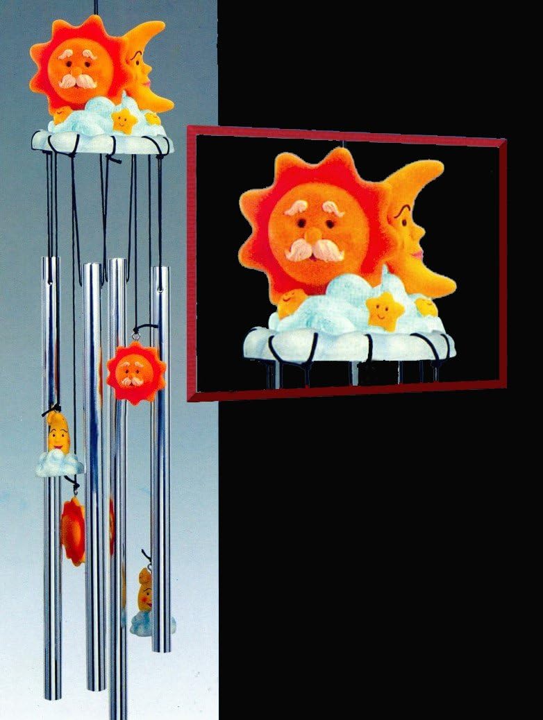 Wind Chime Whimscal Sun Moon Star in Clouds with baby stars 3D Round Top, Resin 4 Wind Chime Outdoor Decor 24 inches