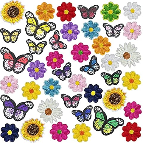 42pcs Embroidered Flowers Butterfly Iron on Patches Sunflower Daisy Patch for Clothing Sew on Patches Set for Jackets Jeans Bags Clothes Arts Crafts DIY Decoration Cover