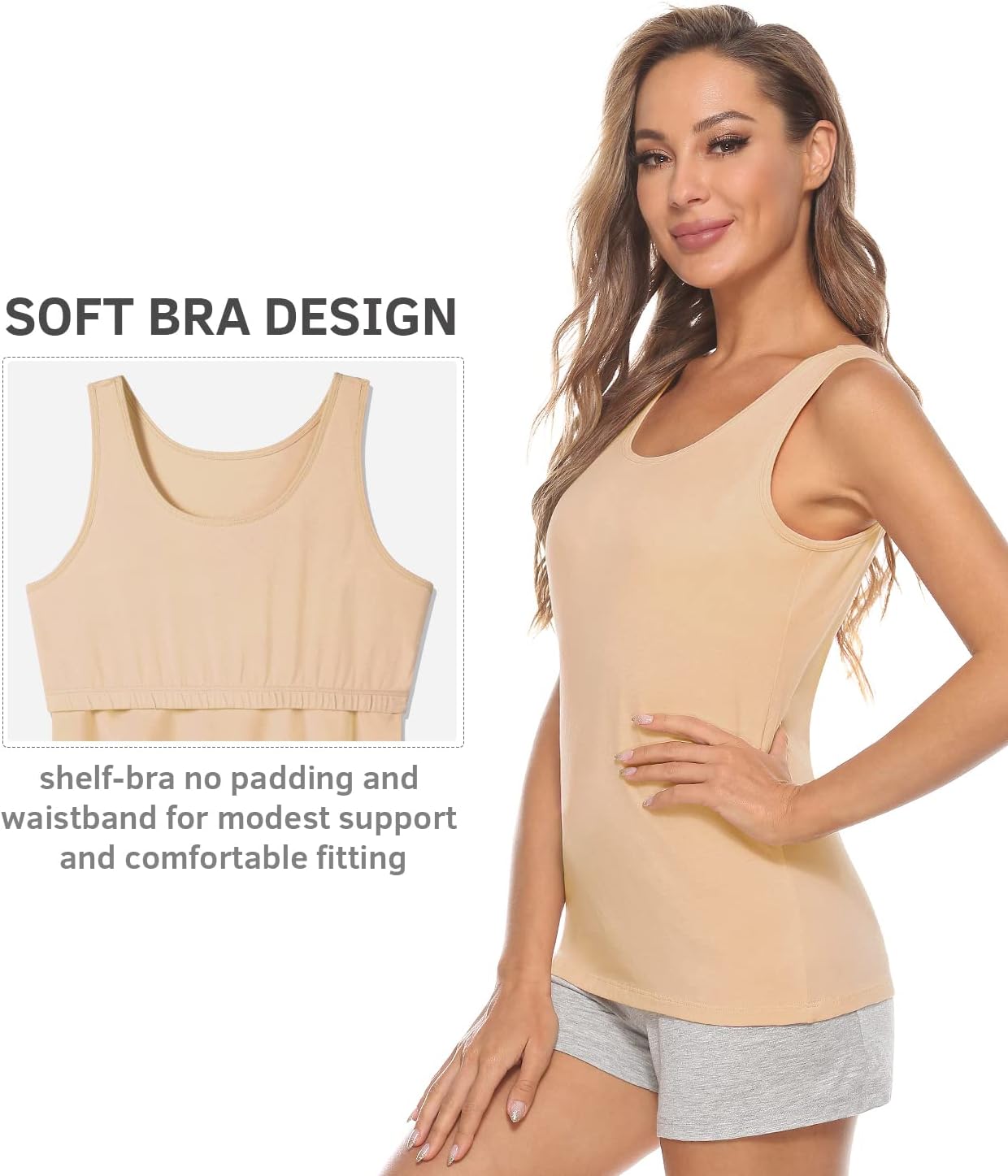 Vislivin Cotton Tank Tops with Shelf Bra for Women Stretch Tanks Wide Strap Undershirts - Image 4